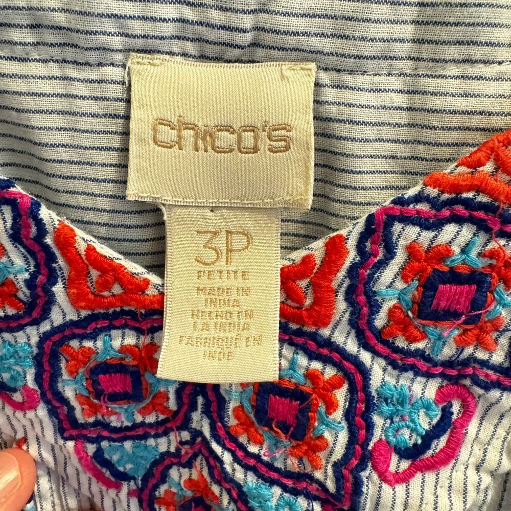 CHICO'S Pinstriped Embroidered Tassel Trim Beaded Peasant Top Size 3P Large Boho - Picture 8 of 11